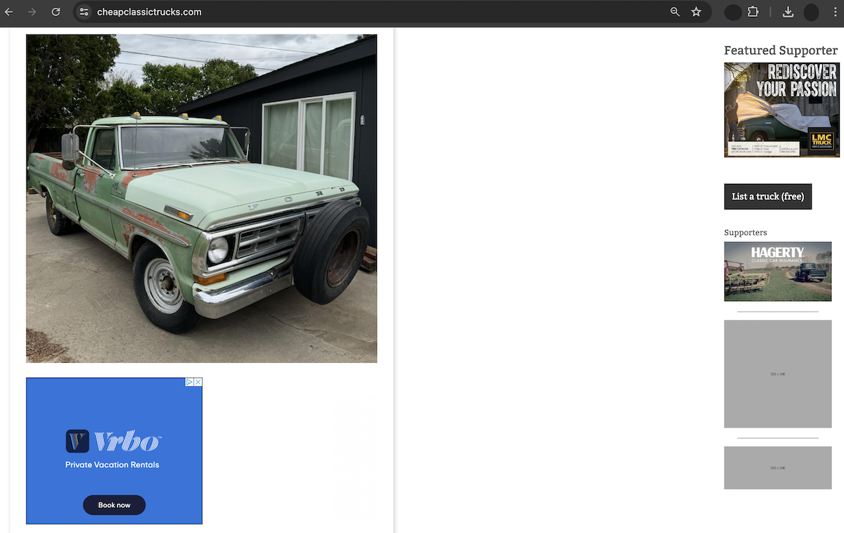 CheapClassicTrucks.com homepage sidebar & listing feeds ads example