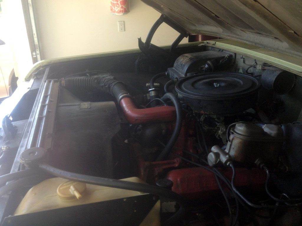 Photo of the engine bay of a 1970's international harvester